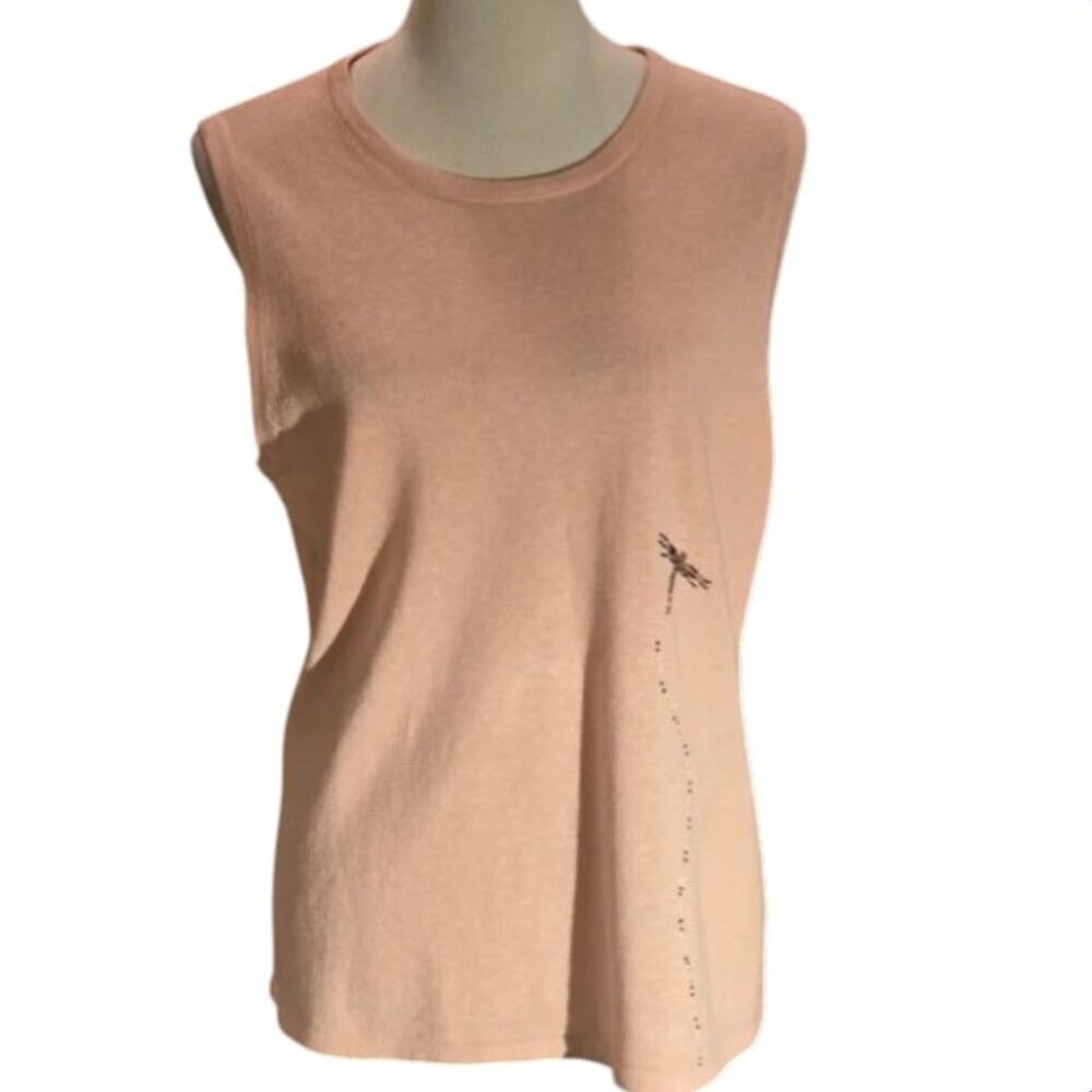 Vtg 90s Bice' by Sag Harbor Peach Sleeveless Tank Bead Dragonfly Design Women L